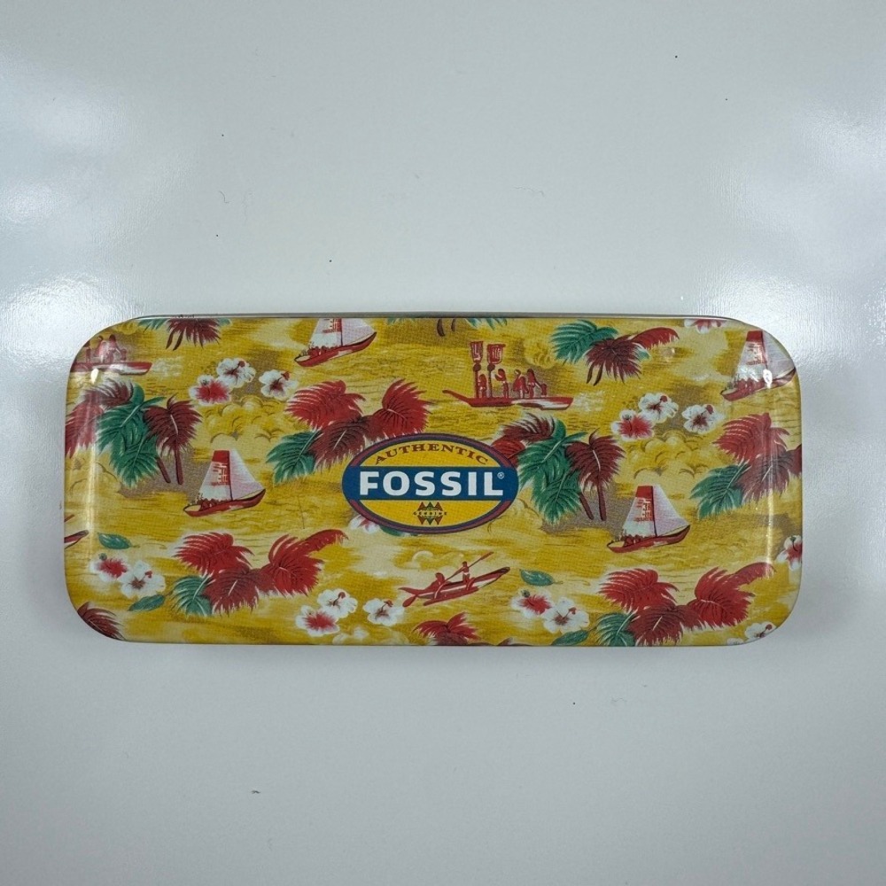 Fossil Tropical Hawaiian Print Watch Tin Case Yellow Aloha Vintage 1998